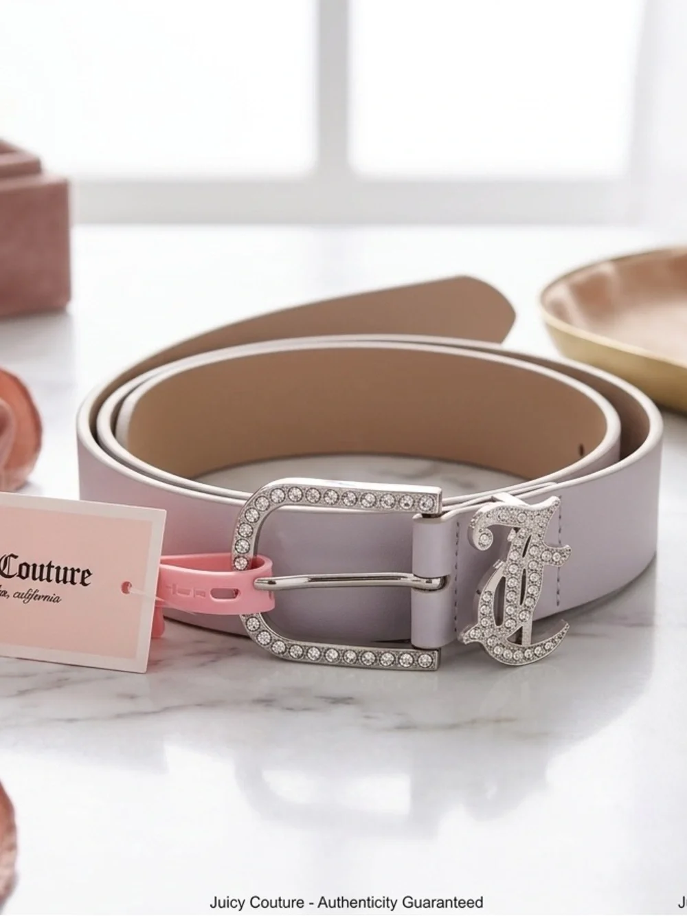 Juicy Couture Gray Beige Leather Belt Rhinestone JC Monogram Buckle  Size L/XL